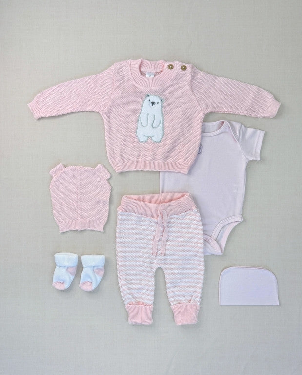 Set Primer Día Oso Tejido Rosa