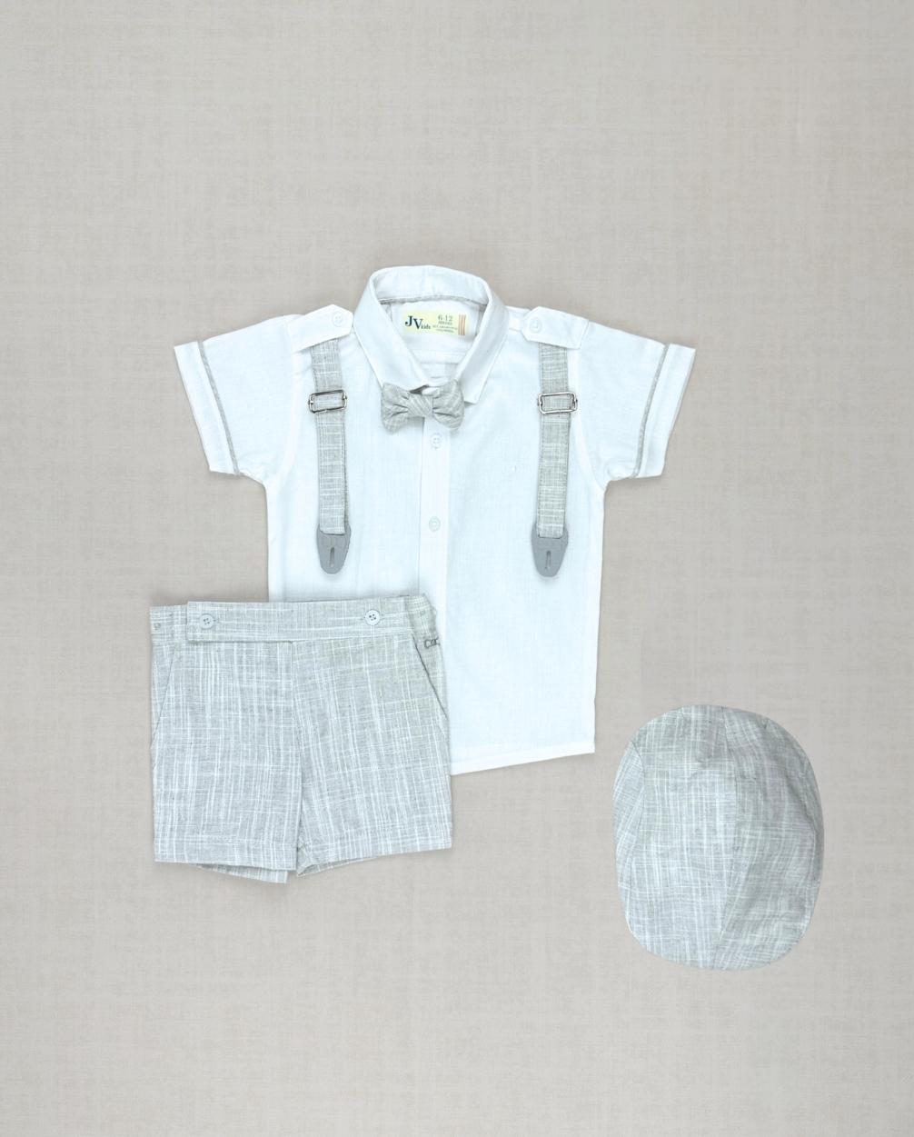 Traje Ceremonia Con Bermuda Tirantes y Boina Gris