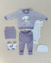 Set Primer Día Bordado Elefante Lila