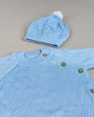 Set Primer Día Tejido Rombos Azul Detalle Boton