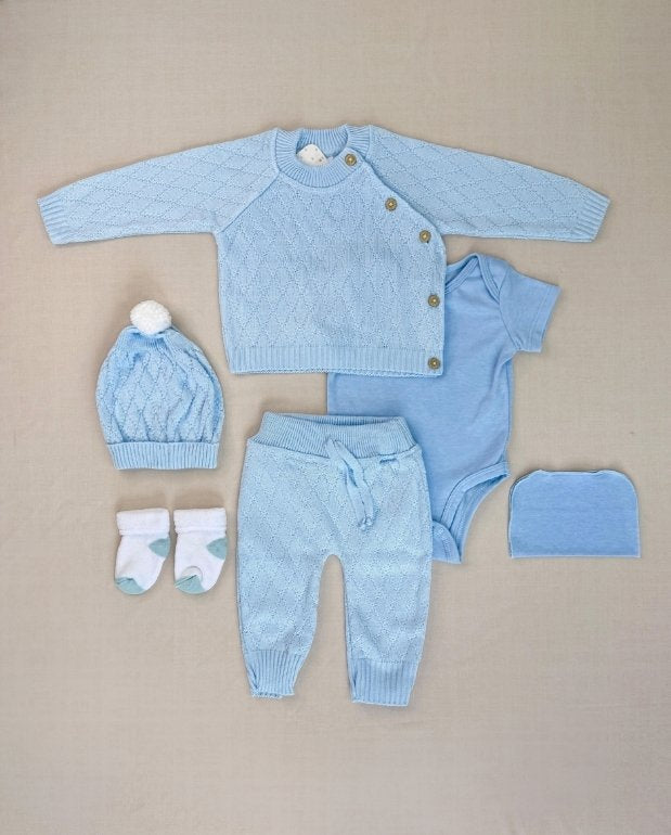 Set Primer Día Tejido Rombos Azul