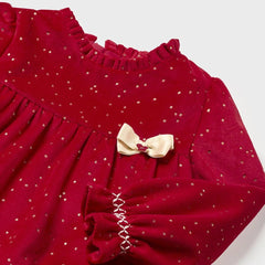 Vestido Manga Larga Puntos Moño Terciopelo Rojo Mayoral Detalles