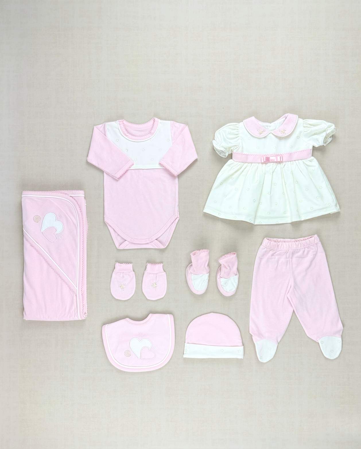 Set Primer Dia Bordado Corazón Estrellas Rosa