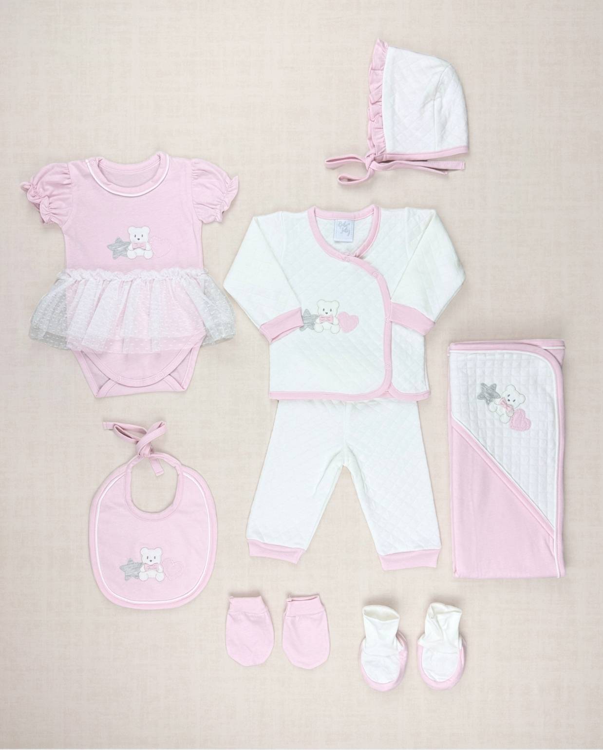 Set Primer Dia Bordado Tull Bordado Rosa