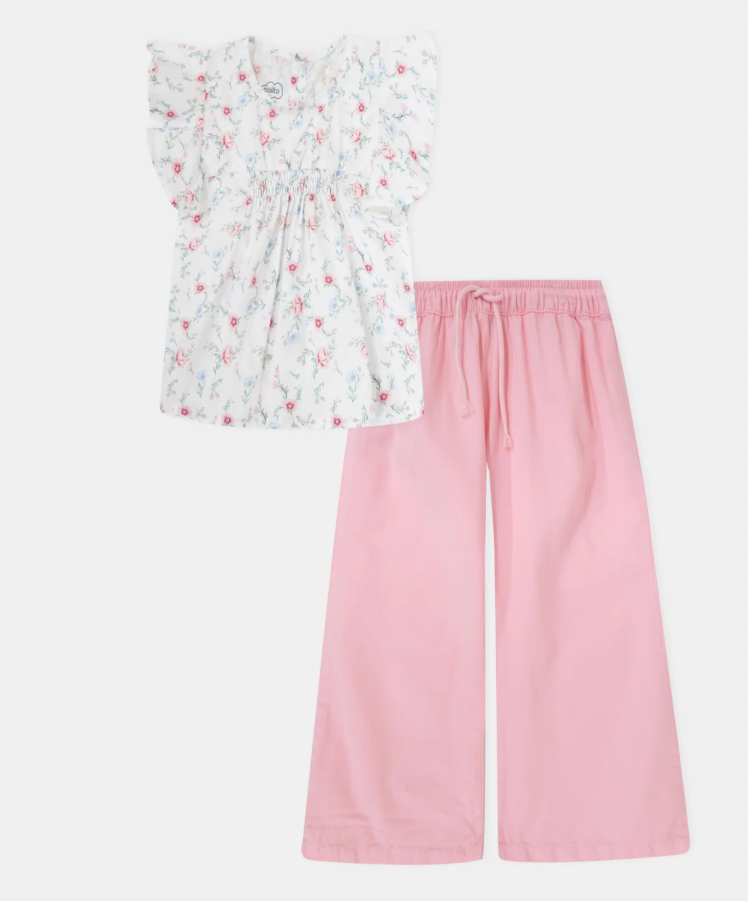 Conjunto niña 2T a 4T blusa flores y pantalón rosado vista frontal