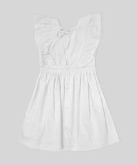 Vista posterior de vestido crudo con escote en V y moño