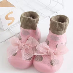 Medias Con Suela Moño Puntos rosa