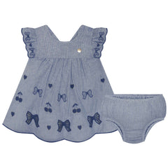 Vestido Rayas Bordado Cerezas Azul