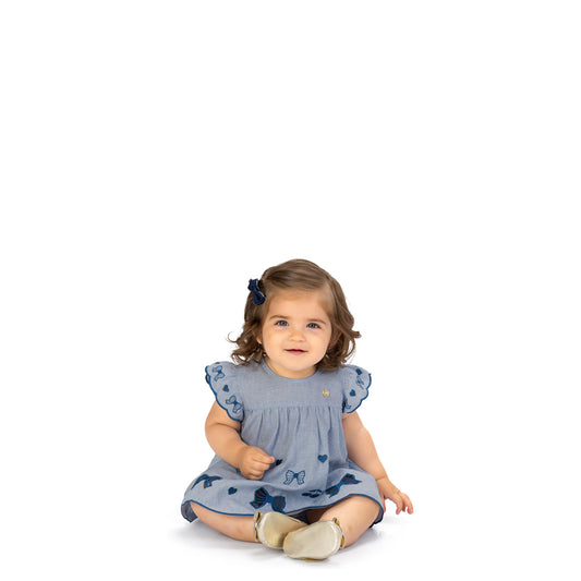 Vestido Rayas Bordado Cerezas Azul