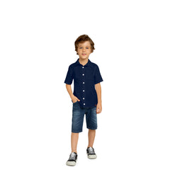 Camisa Lino Con Bolsillo Azul