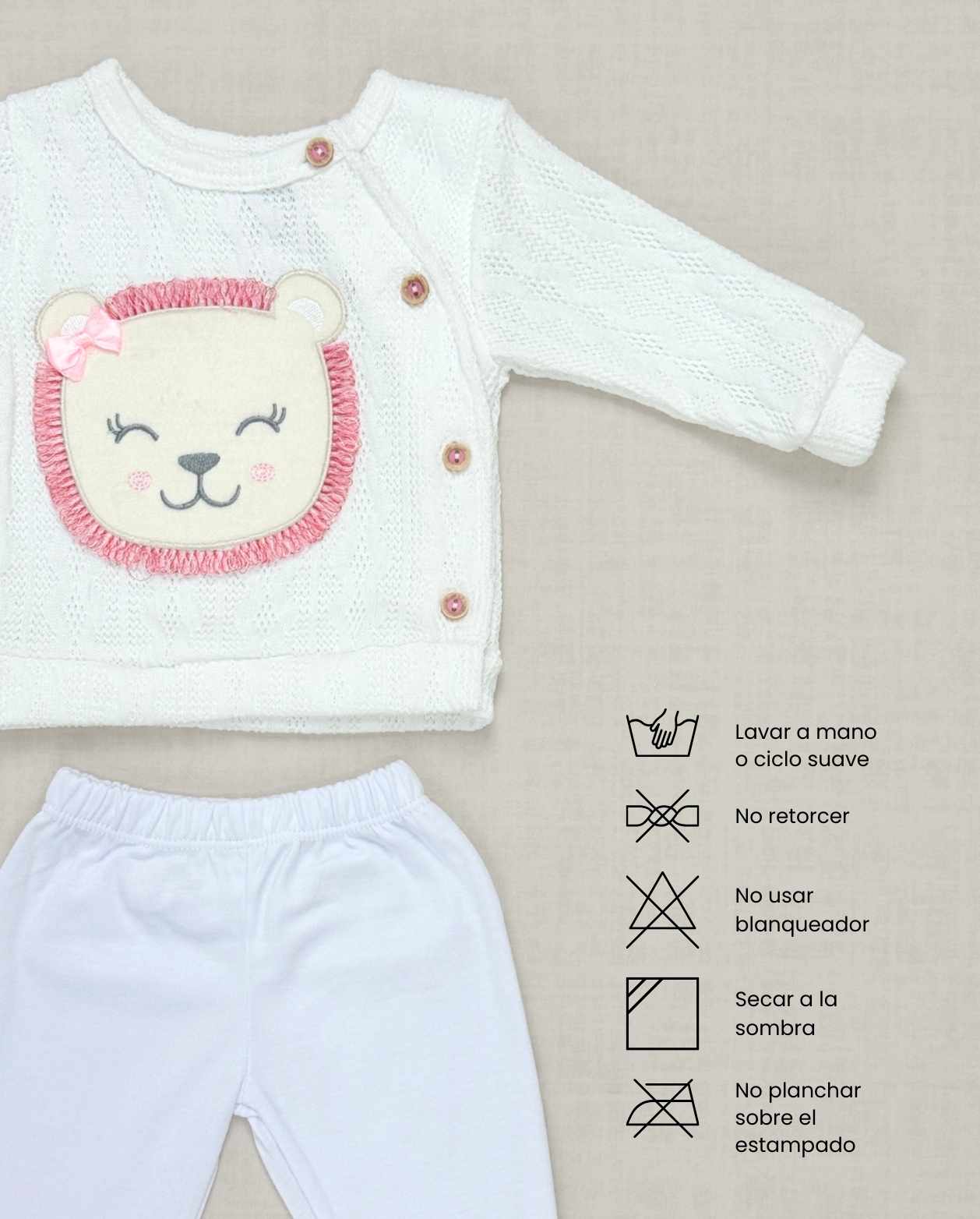 Set Primer Día León Calado Blanco Niñas