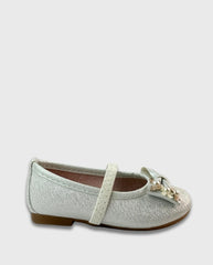 Baletas Moño Detalle Flores Blanco Glitter