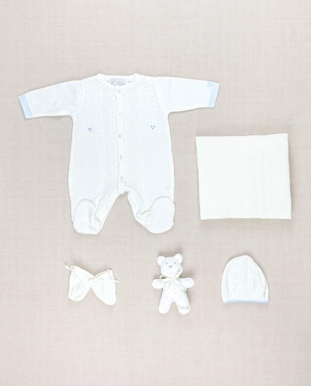 Set Primer Día Tejido Enterizo 100% Algodón Detalles Azul