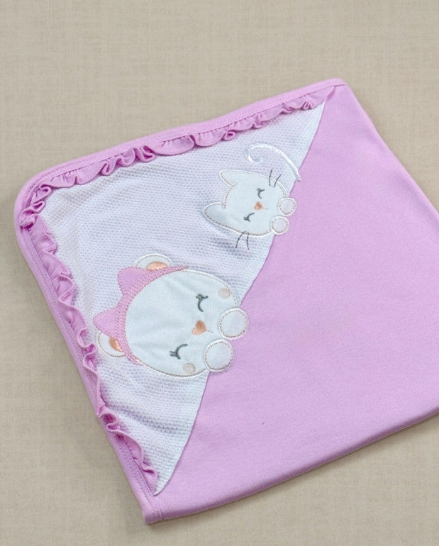 Primer Día Oso y Gato Hello Baby Rosa Cobija