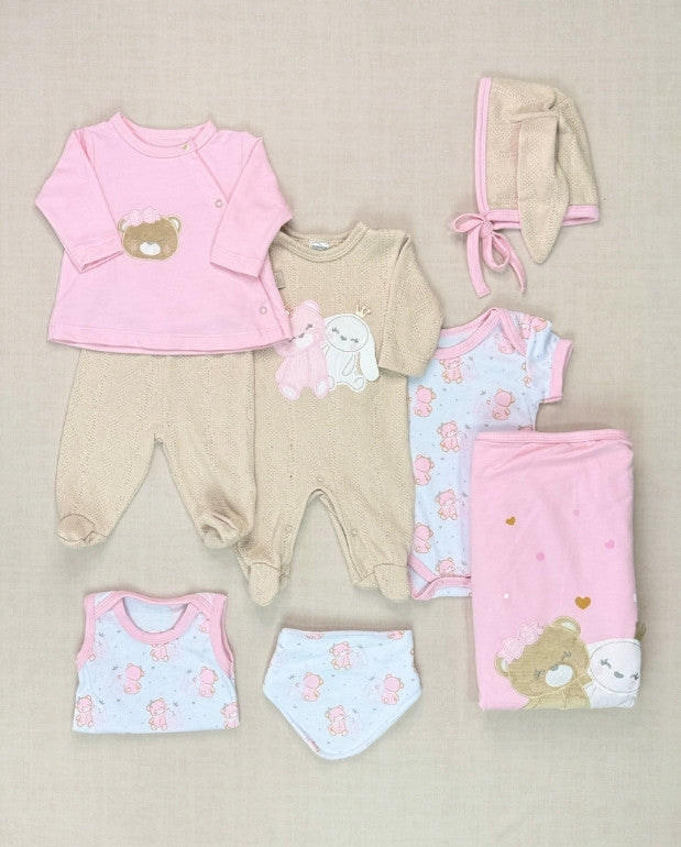 Set Primer Día Oso y Conejo Beige Rosa Pink