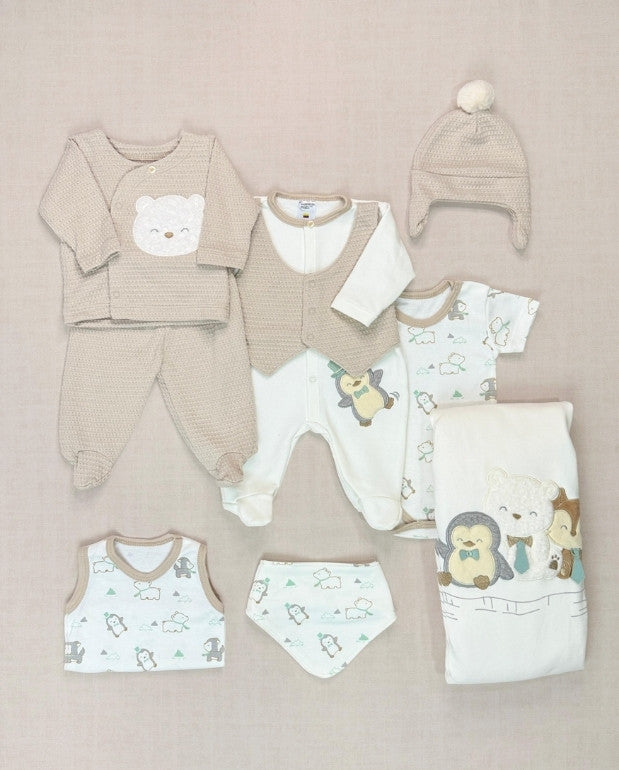 Set Primer Día Chaleco Animales Beige