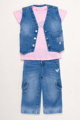Conjunto 3 Piezas Chaleco Denim Joy Baby Rosa