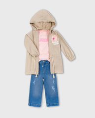 Conjunto 3 Piezas Chaqueta Larga Flores Beige