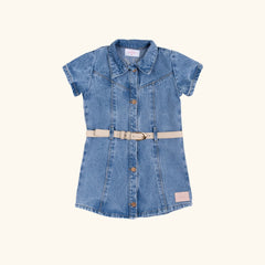 Vestido Denim Con Cinturón Bordado Flor