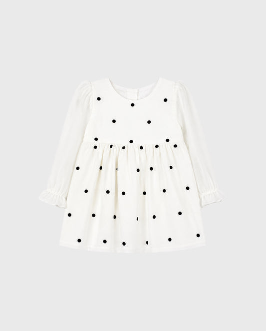 Vestido Mangas Largas Velo Puntos Blanco