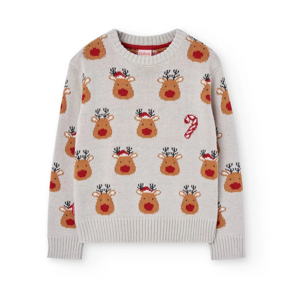 Saco tricot navideño gris con renos y bastón de caramelo para niños Boboli