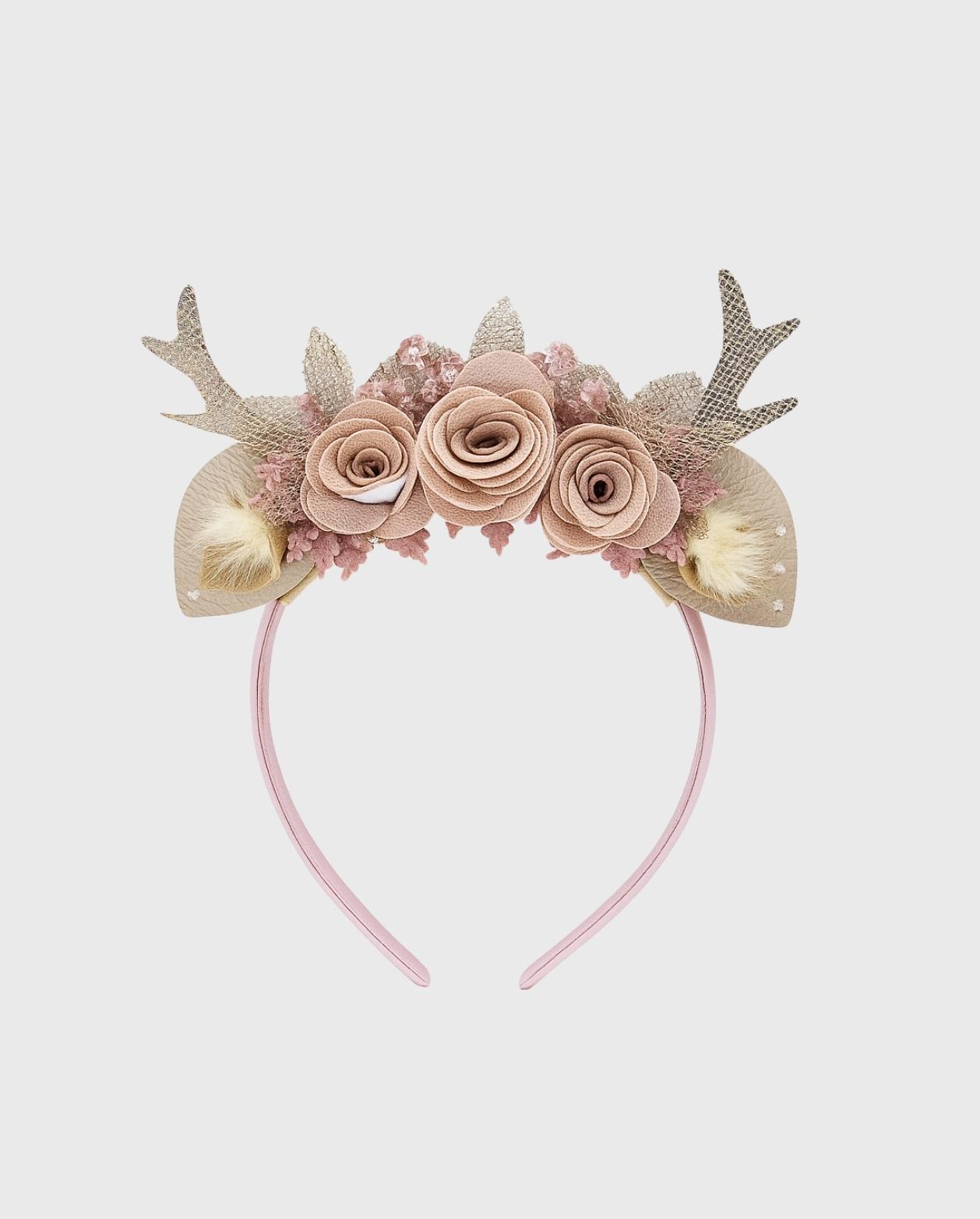 Balaca Flores y Perlas Con Aplique De Venado Rosa