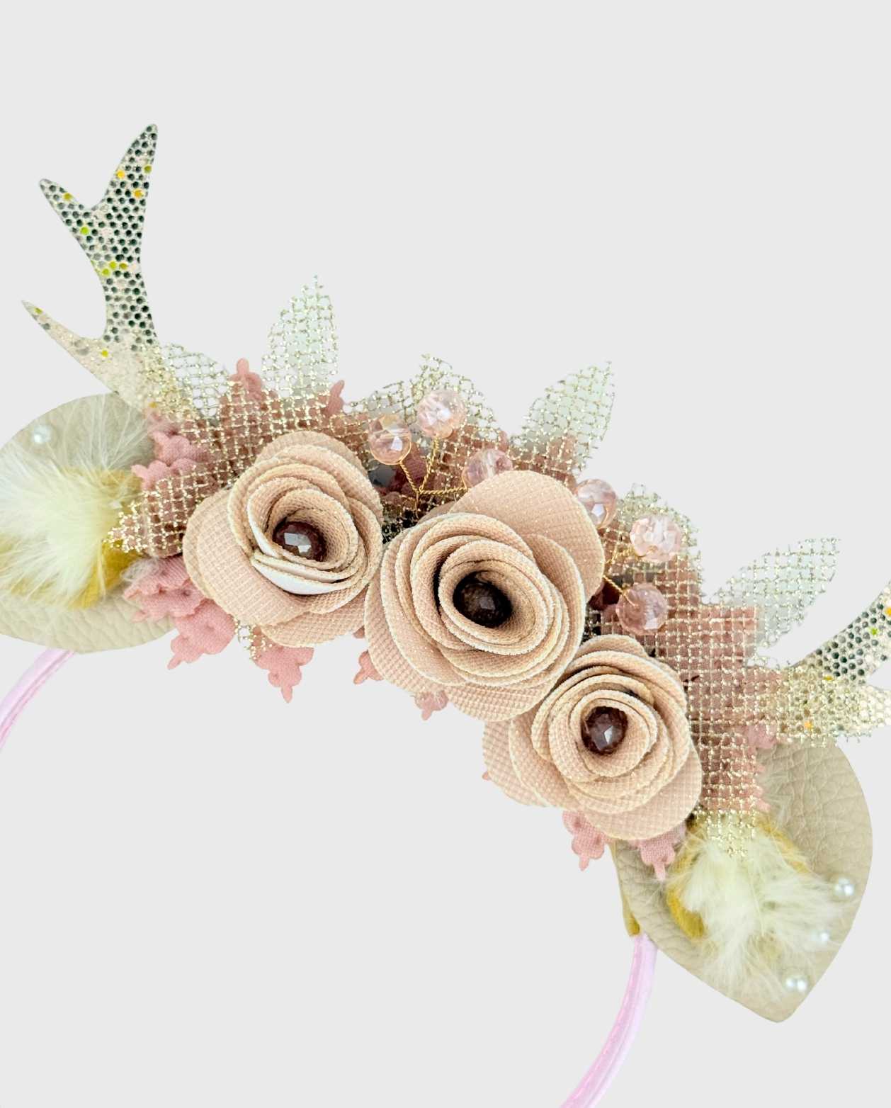 Balaca Flores y Perlas Con Aplique De Venado Rosa Niñas