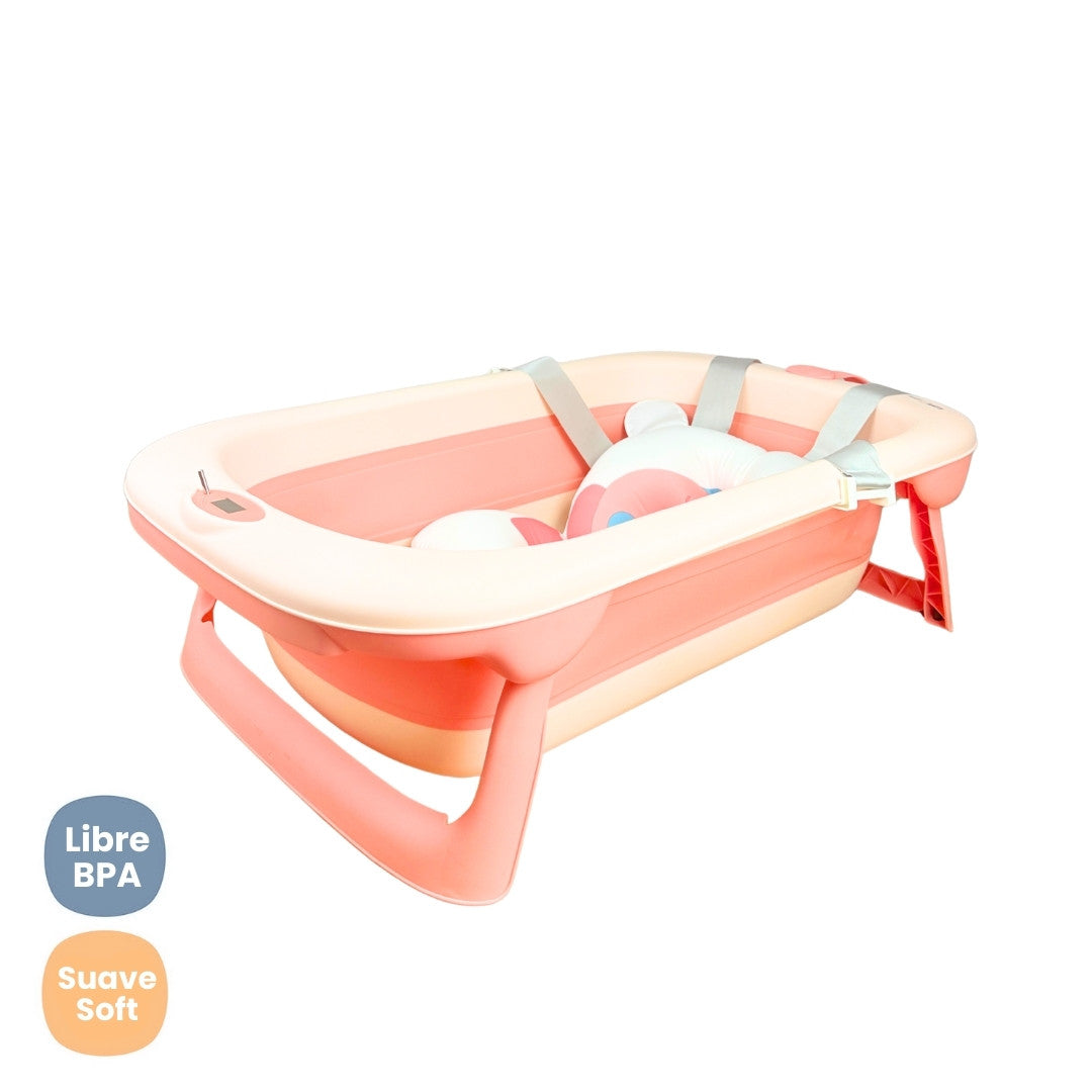 Set Bañera Plegable Con Termómetro Dino Rosa