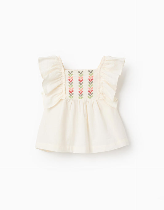 Blusa Volantes Pecho Bordado Beige Zippy