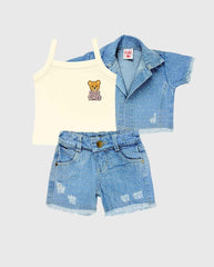 Conjunto 3 Piezas Con Short Denim y Brillos Beige