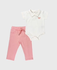 Conjunto Body y Pantalón Con Moño Rosa