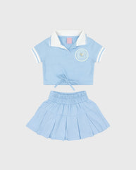 Conjunto Falda Prensada Con Blusa De Cuello Azul