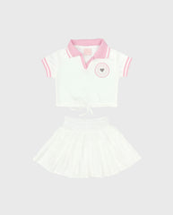 Conjunto Falda Prensada Con Blusa De Cuello Rosa