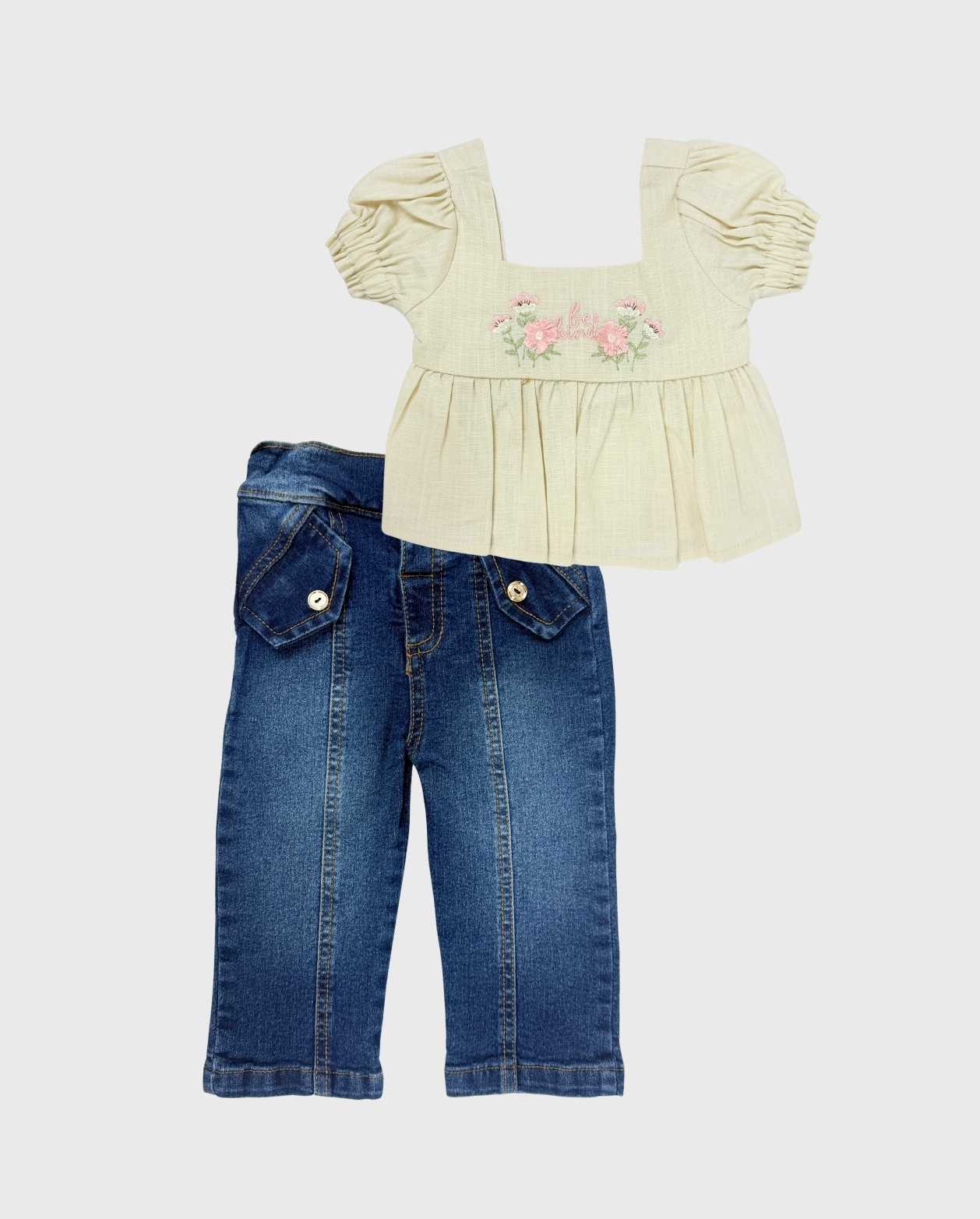 Conjunto Pantalón Denim Con Flor Bordada Beige