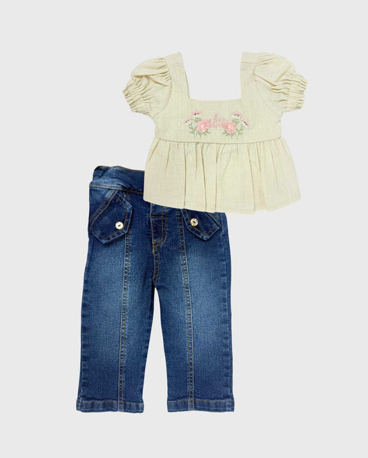 Conjunto Pantalón Denim Con Flor Bordada Beige