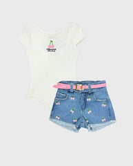 Conjunto Short Jeans Y Body Estampado Cerezas