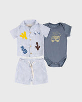 Conjunto 3 Piezas Bermuda Rayas Palmera Azul