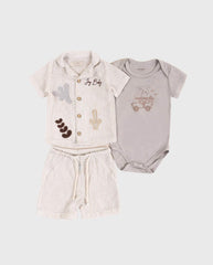 Conjunto 3 Piezas Bermuda Rayas Palmera Beige