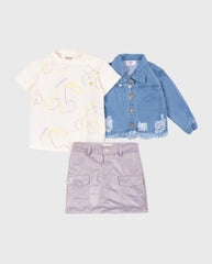 Conjunto 3 Piezas Falda Brillos Cerezas Lila