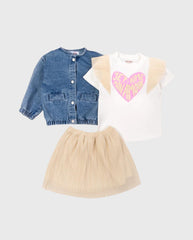 Conjunto 3 Piezas Falda Plisada Corazon Beige