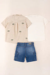 Conjunto Bermuda y Camisa Palmeras beige diseño