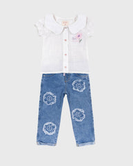 Conjunto Pantalón Denim Flores Blanco