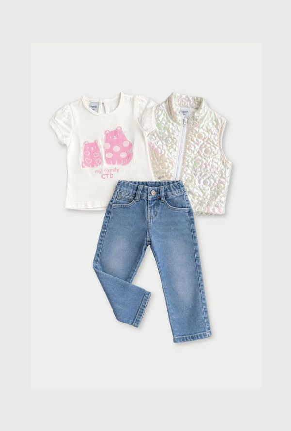 Conjunto 3 Piezas Chaleco Flores Tornasol Blanco