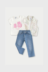Conjunto 3 Piezas Chaleco Flores Tornasol Blanco