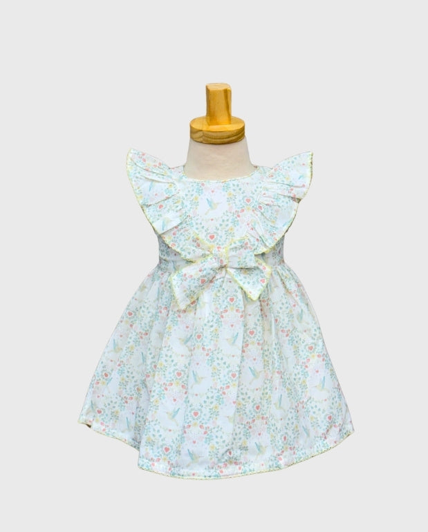 Vestido Moño Estampado Colibrí Floral Deolinda