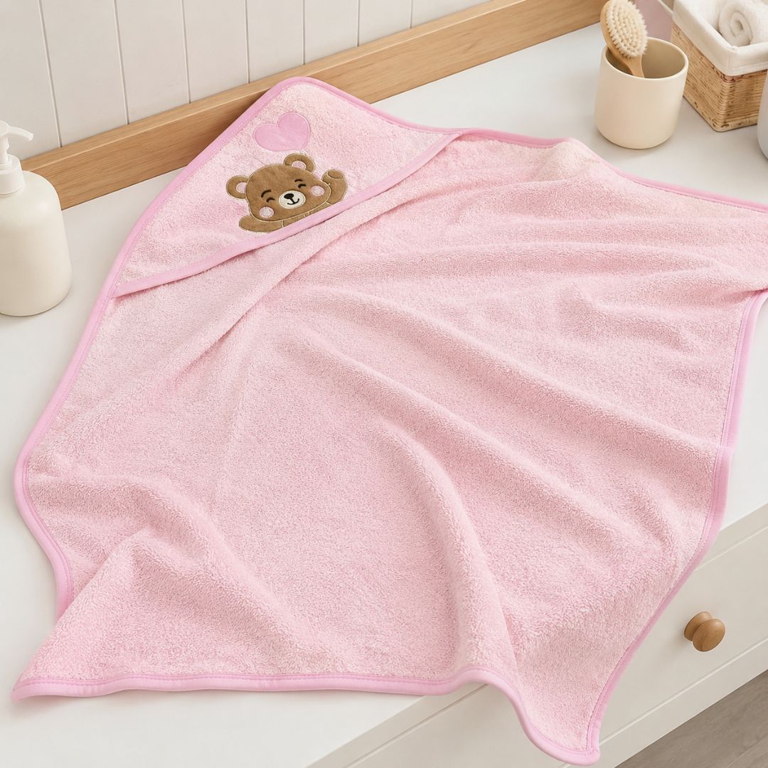 Toalla con Capota Bordado Oso Rosa