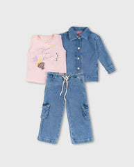 Conjunto 3 Piezas Chaqueta Blusa Denim Estilo