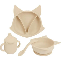 Set 5 Piezas Vajilla Y Babero En Silicona Zorrito Beige