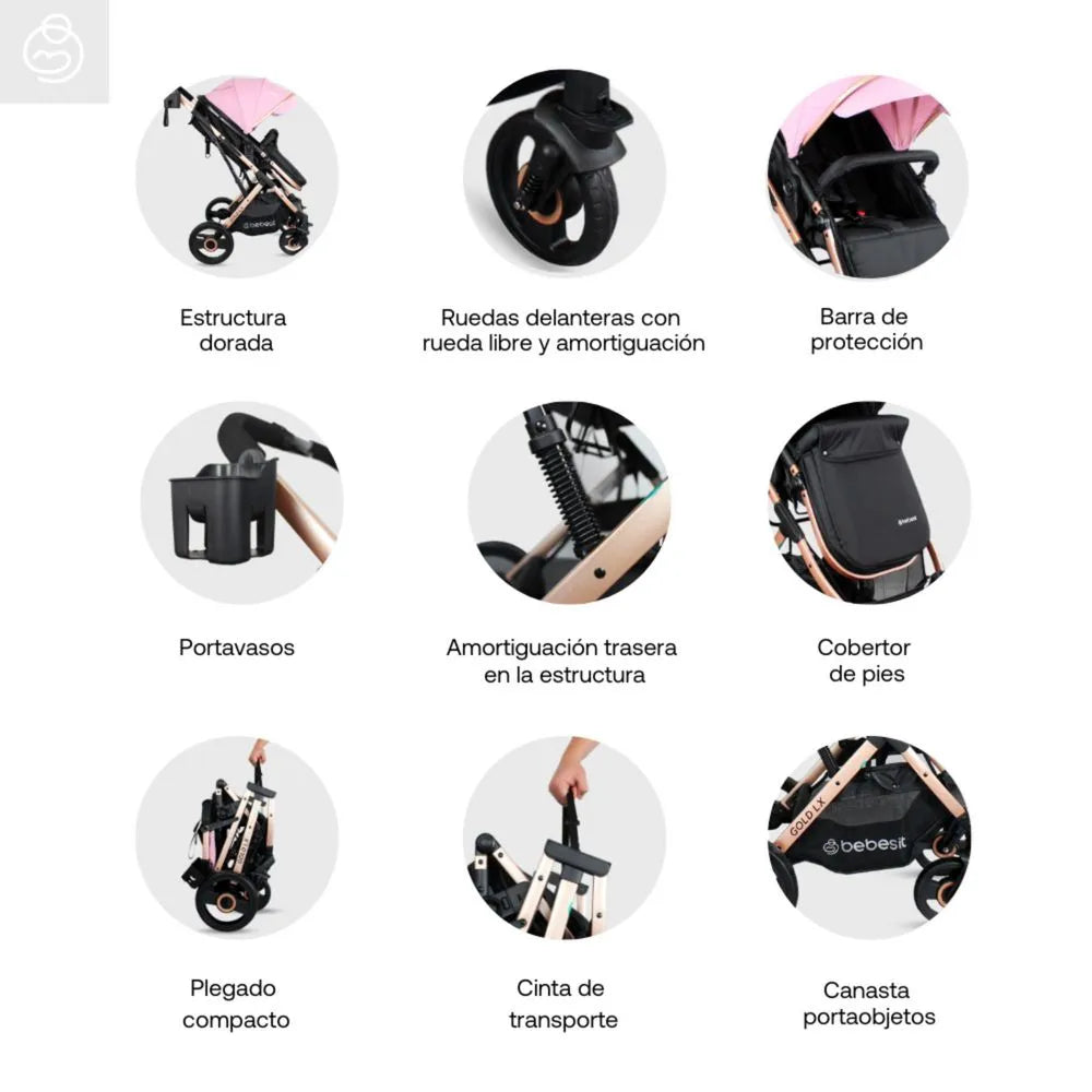 Coche Moises Gold LX Rosa Bebesit Detalles