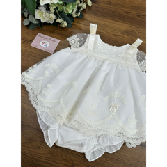 Vestido Tul Bordado Moños Blanco